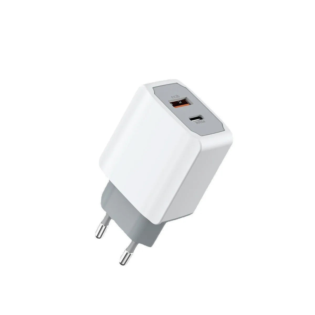 White USB fast charger set with European standard cable and compact charging head