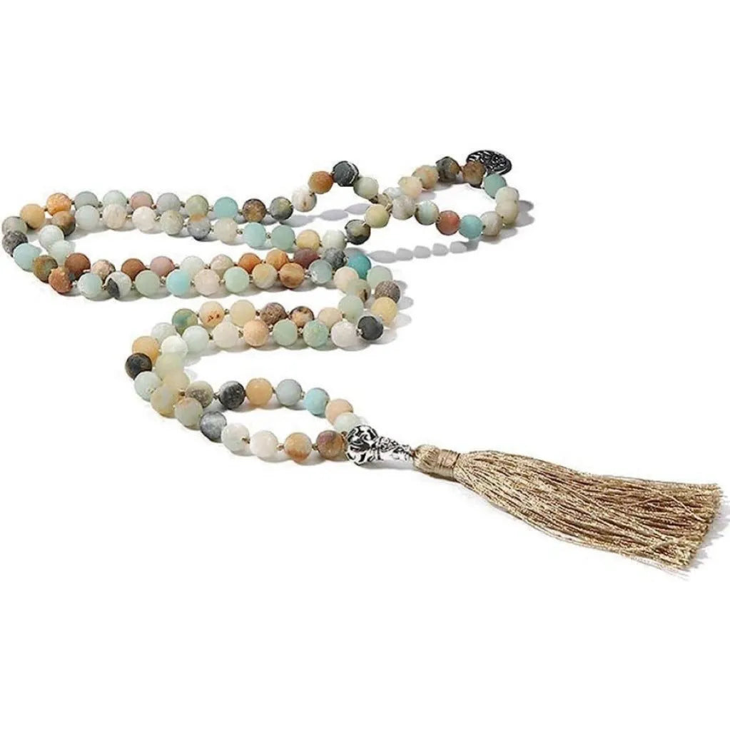 Handmade long beaded necklace with 108 natural stone pendants on a knotted cord.