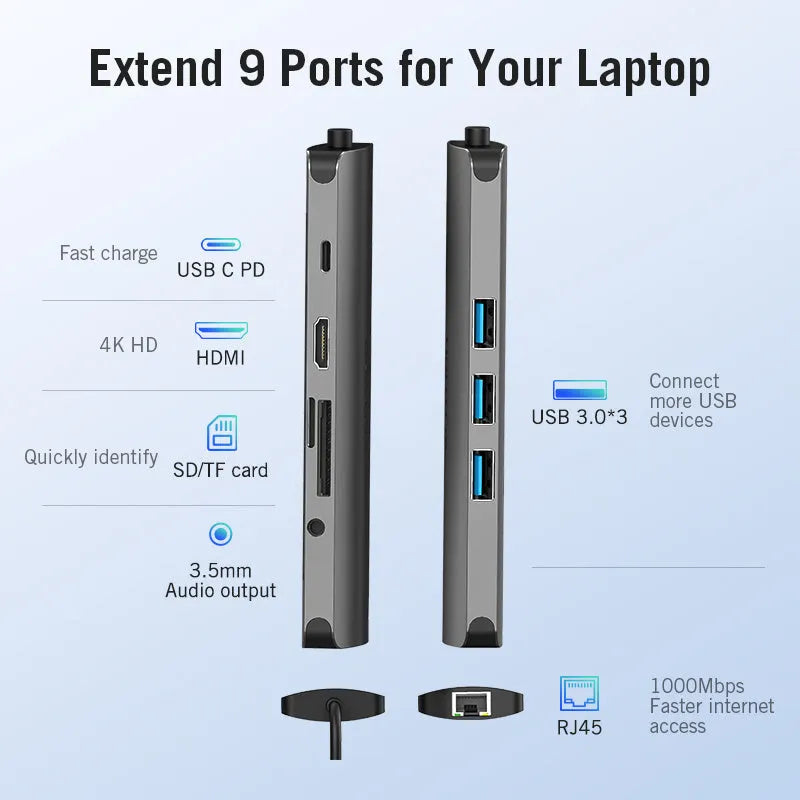 Deep grey Type-C multi-port adapter hub with HDMI, USB, Ethernet, and card reader ports.