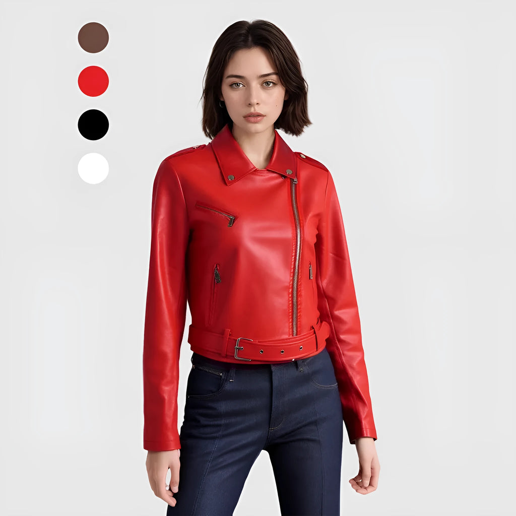 Women's red PU leather jacket with a lapel collar and a short black belt fastened at the waist.