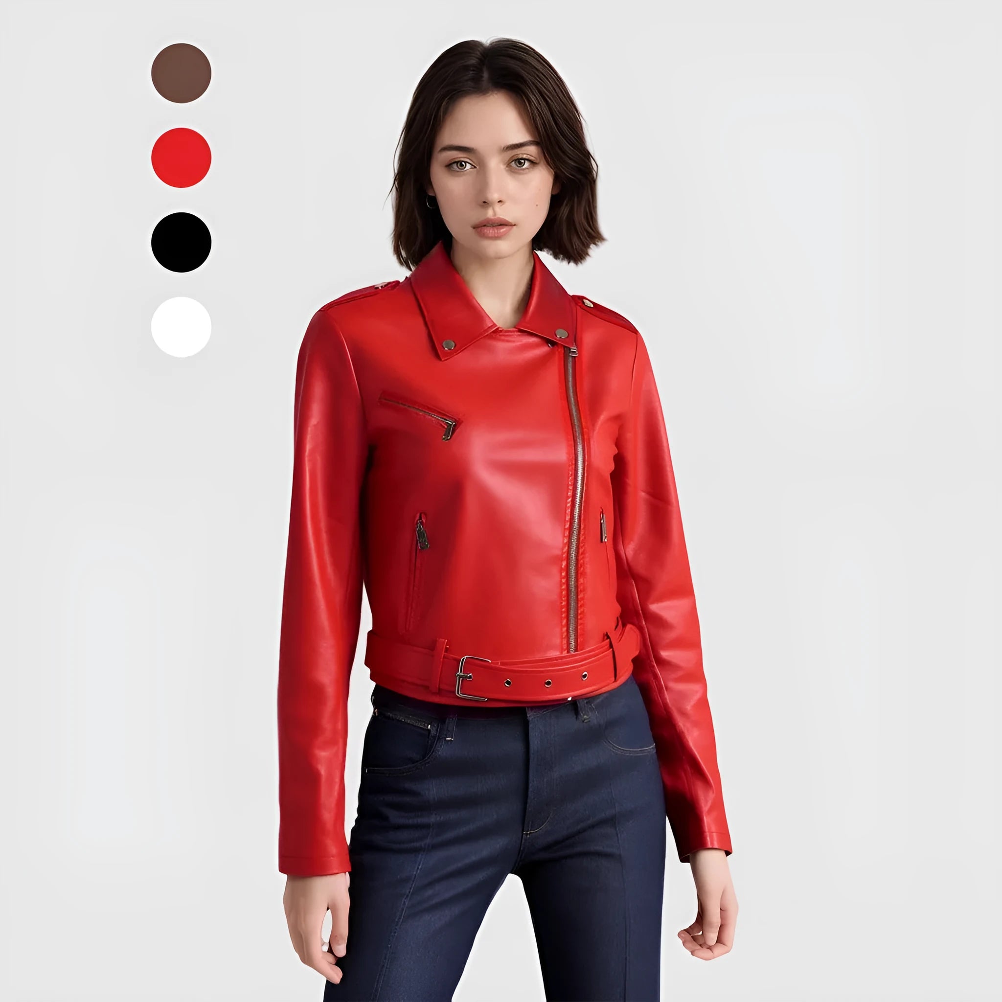 Women's red PU leather jacket with a lapel collar and a short black belt fastened at the waist.