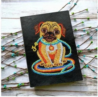Black A5 DIY diamond painting notebook showing dimensions of 142x207x8mm with 50 blank pages