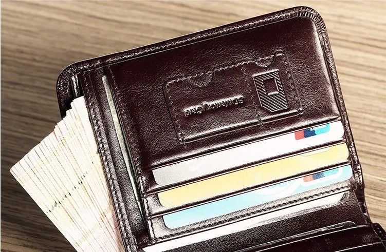 Men's leather bi-fold wallet with RFID protection in black or coffee brown