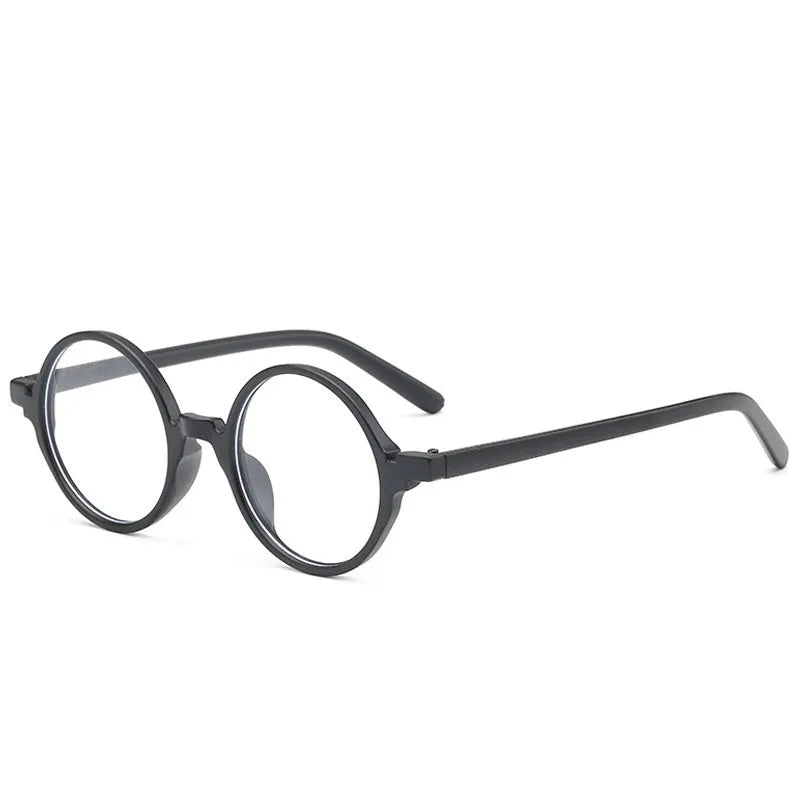 Artistic retro round flat mirror glasses in bright black, sand black, tofu pudding, and transparent grey colours.