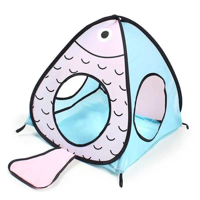 Foldable pet tent and tunnel set with a cat and fish design, made from white PP plastic.