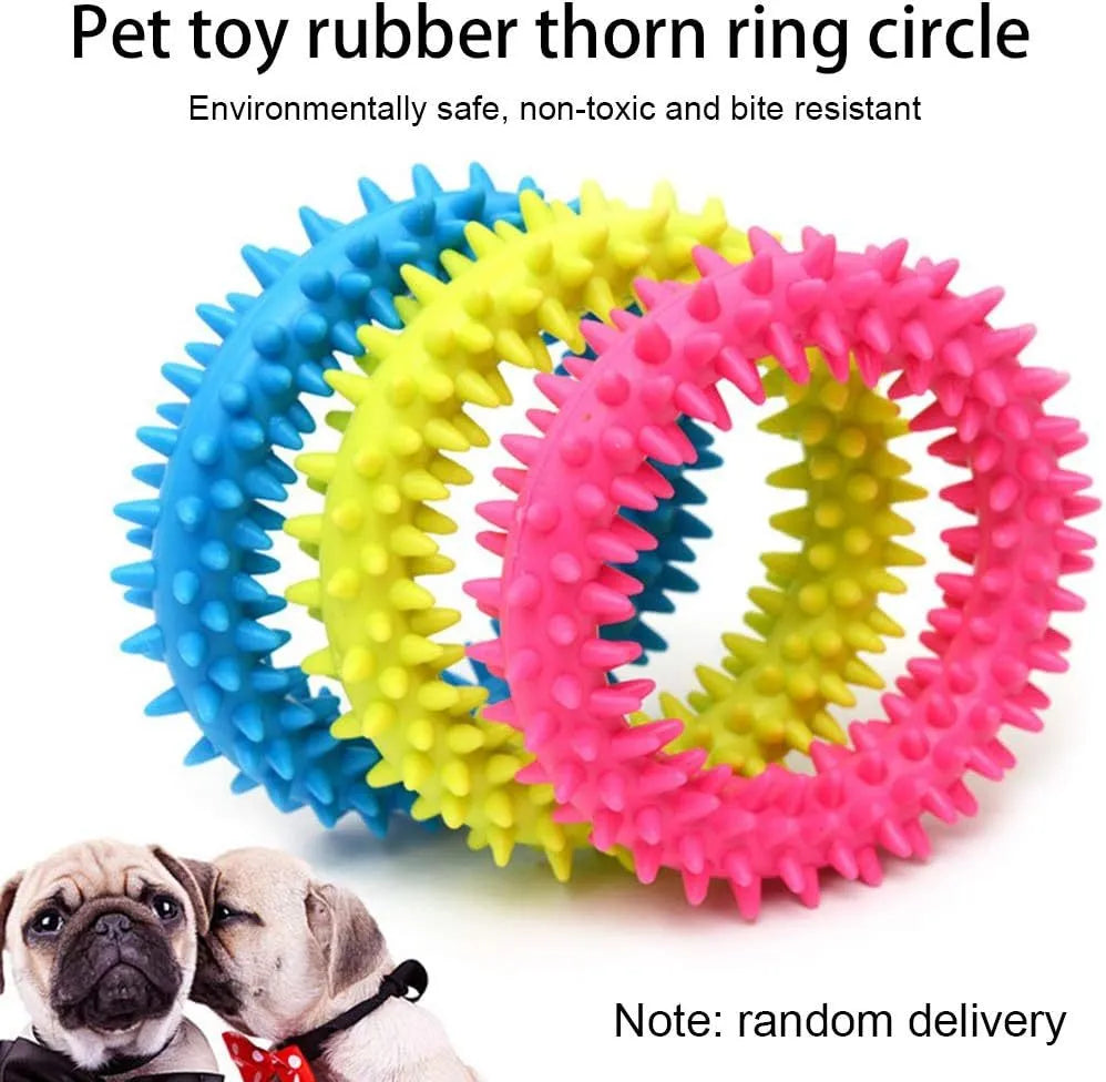 Blue spiky TPR ring dog chew toy for dental cleaning on a white background
