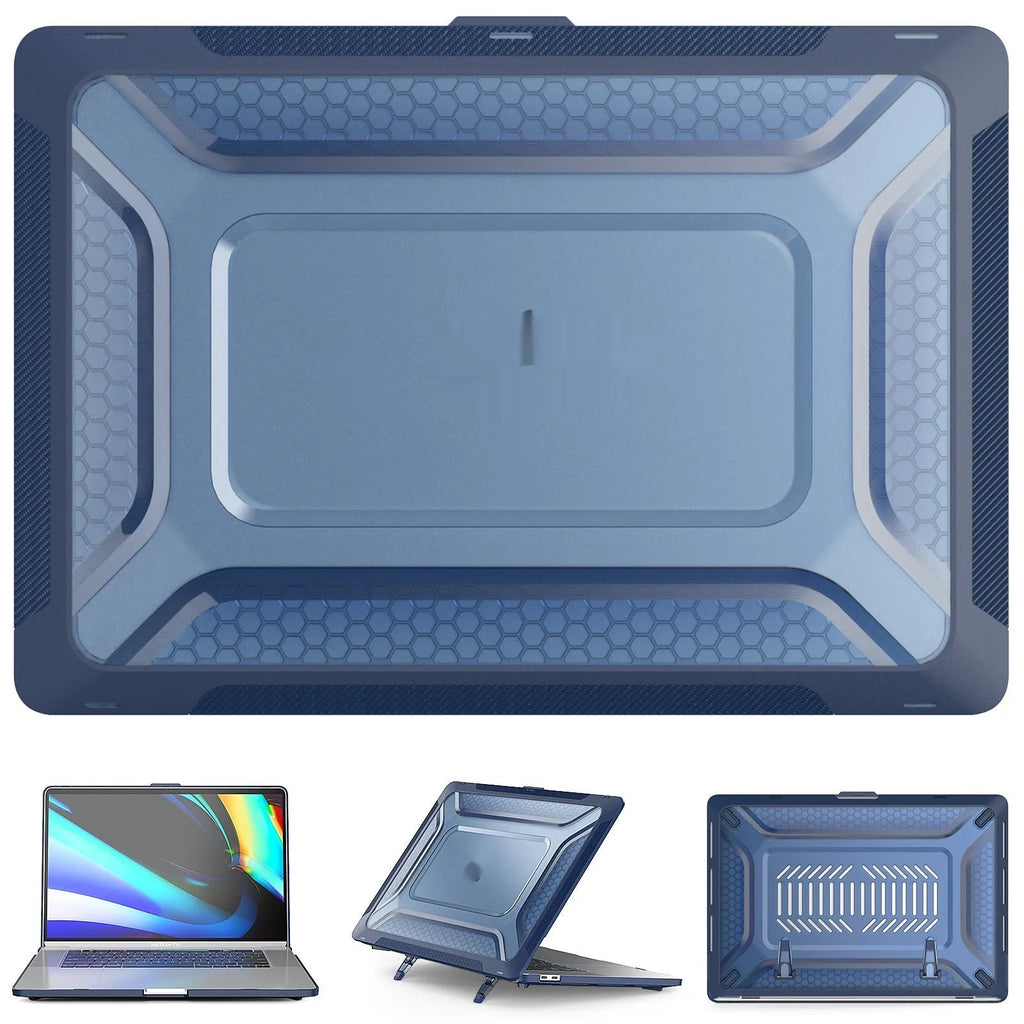 MacBook protective hard shell case in four colours: cool black, starry sky grey, elegant apricot, and sapphire blue