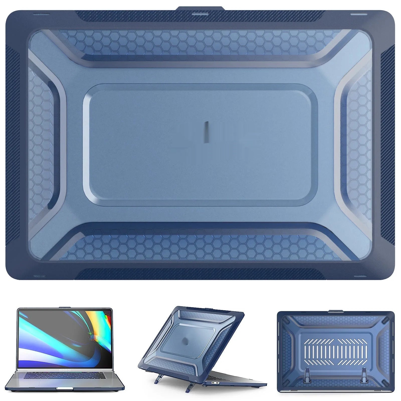 MacBook protective hard shell case in four colours: cool black, starry sky grey, elegant apricot, and sapphire blue