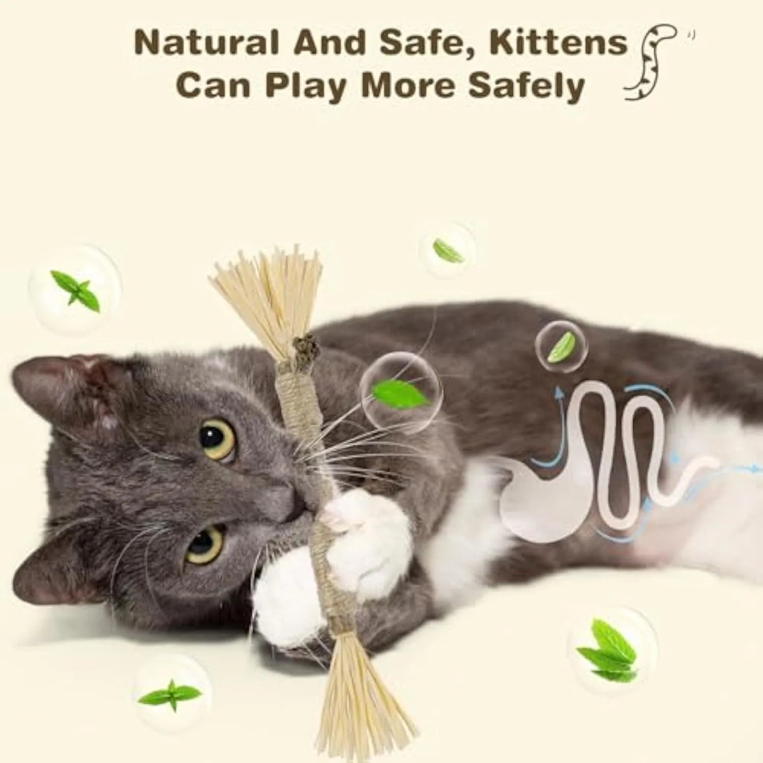 3 natural silvervine dental sticks for cats with sisal rope and raffia, thick and fine diameter options