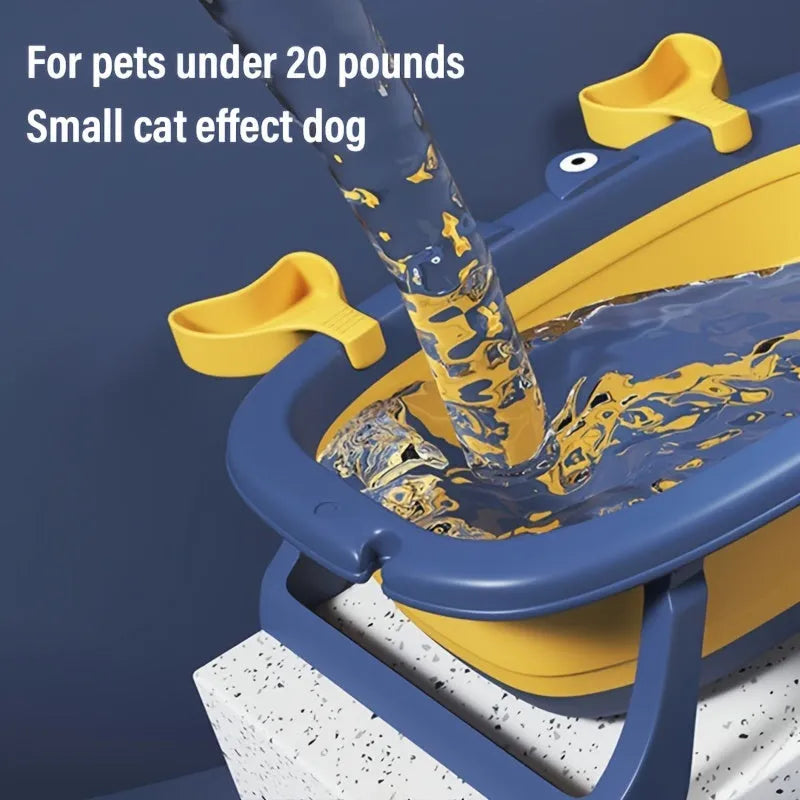 Blue foldable portable pet tub for small dogs and cats with non-slip base