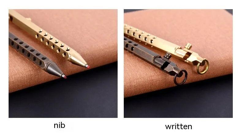 Brass hexagonal bolt rollerball pen with 0.5mm tip showing six-sided barrel design