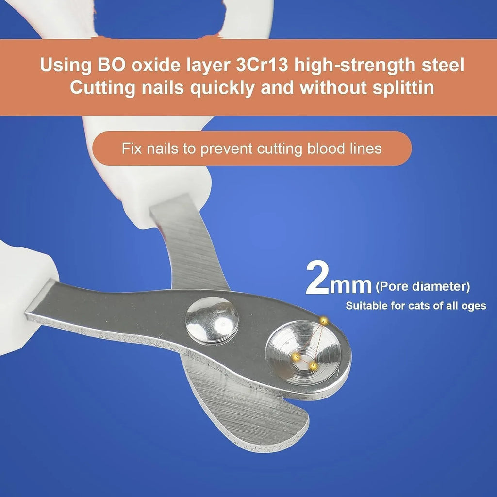 Blue pet nail clippers with circular cutting hole and cushioned handles on a white background