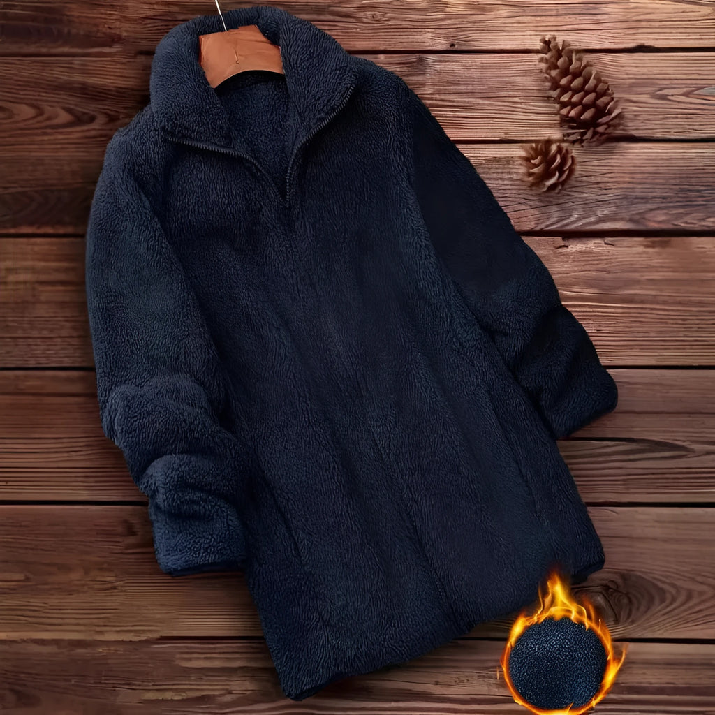 Reversible fleece-lined jacket in black, navy blue, or khaki colours showing double-sided polyester velvet fabric.
