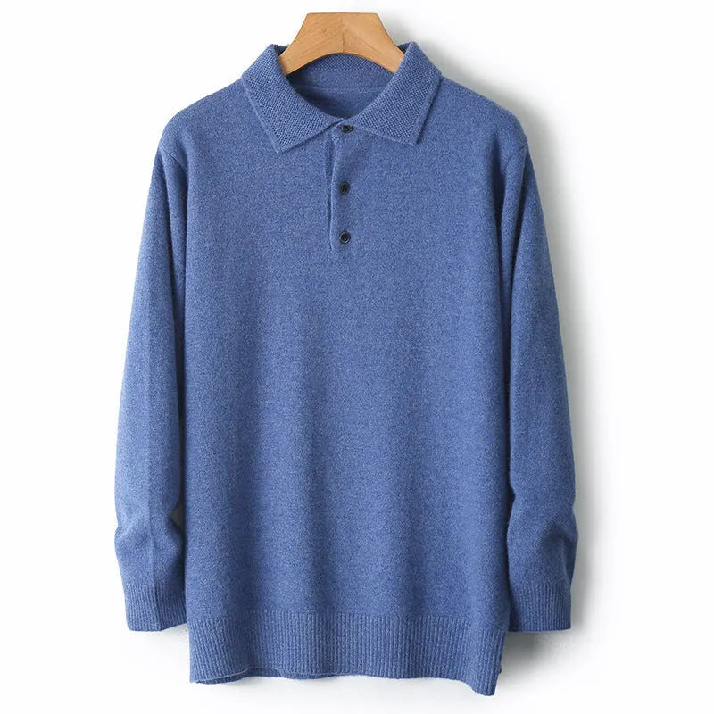 Men's woollen polo collar sweater pullover with long sleeves in multiple colour options