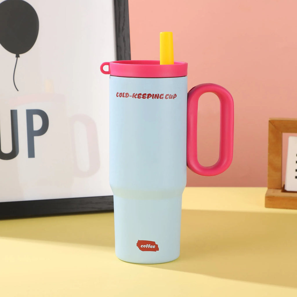 DIY Vitality large insulated straw cup with handle in five colour options: black, pink, sky blue, white, yellow.