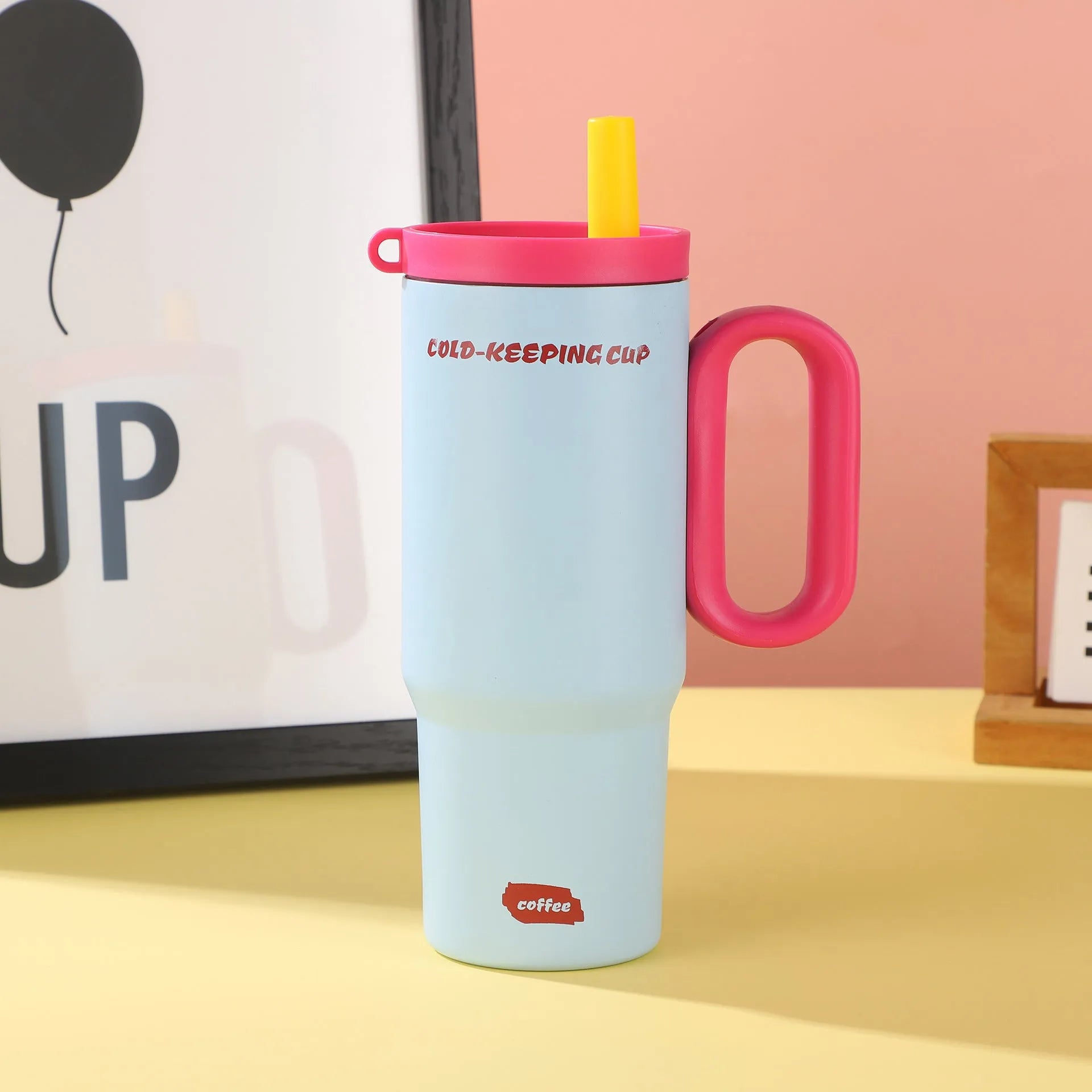 DIY Vitality large insulated straw cup with handle in five colour options: black, pink, sky blue, white, yellow.