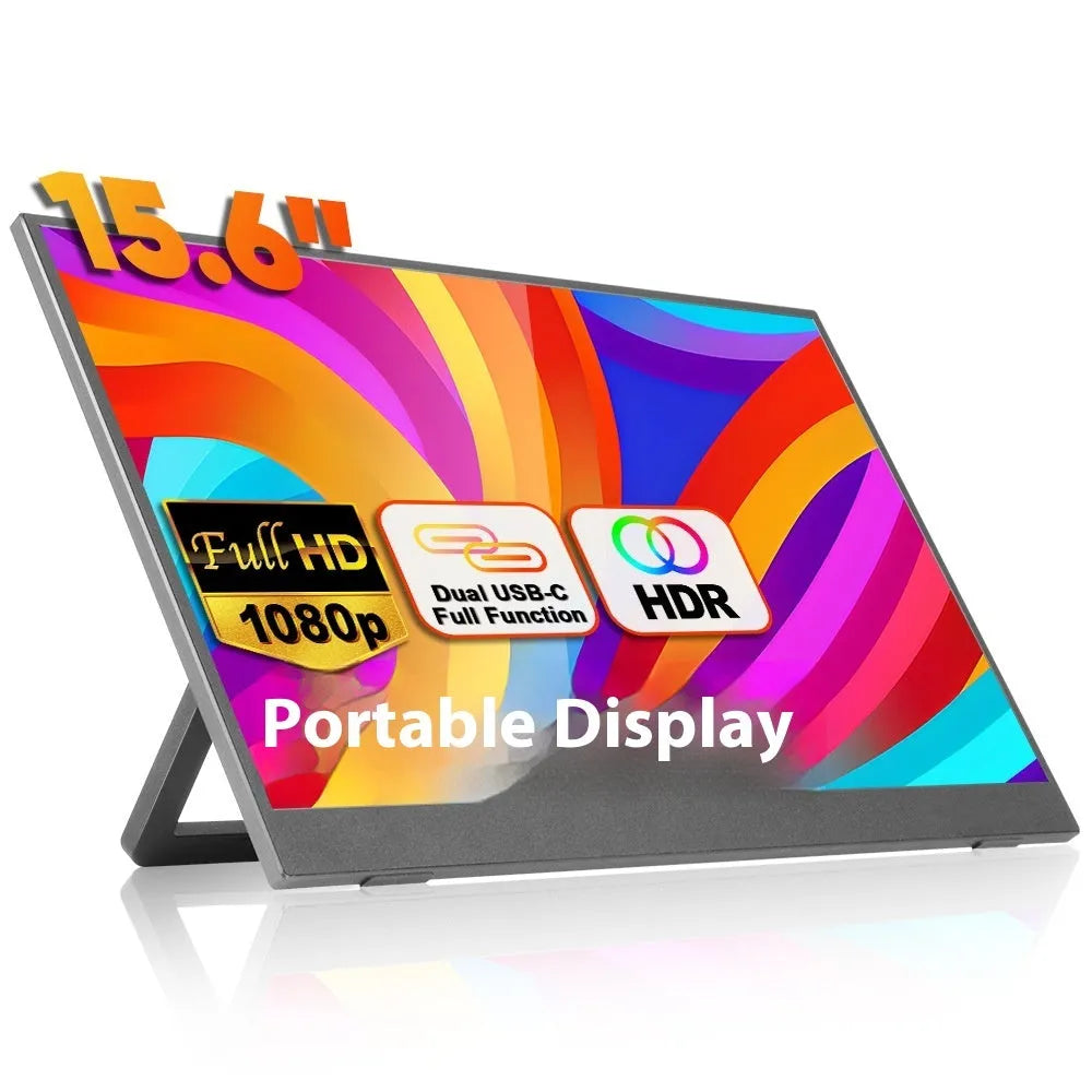 Black 15.6-inch portable LCD monitor with adjustable stand on a desk