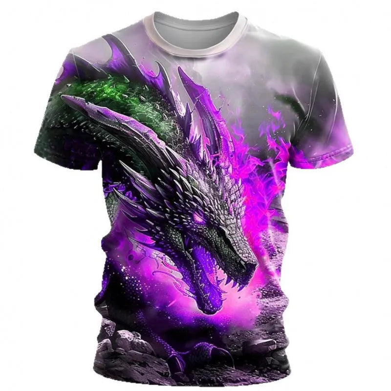 Men's grey T-shirt with raised 3D wind dragon design on front, short sleeve casual style