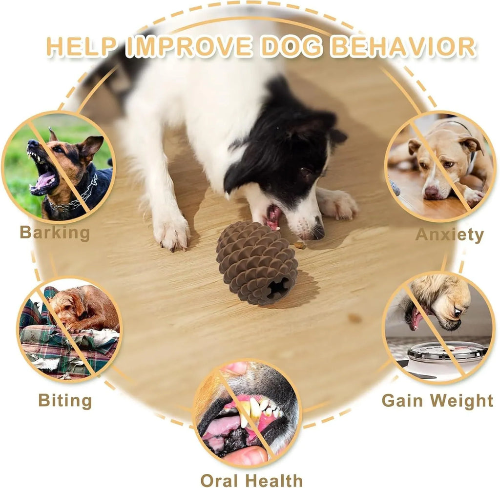 Yellow natural rubber pine cone dog chew toy with treat dispenser hole on a white background.