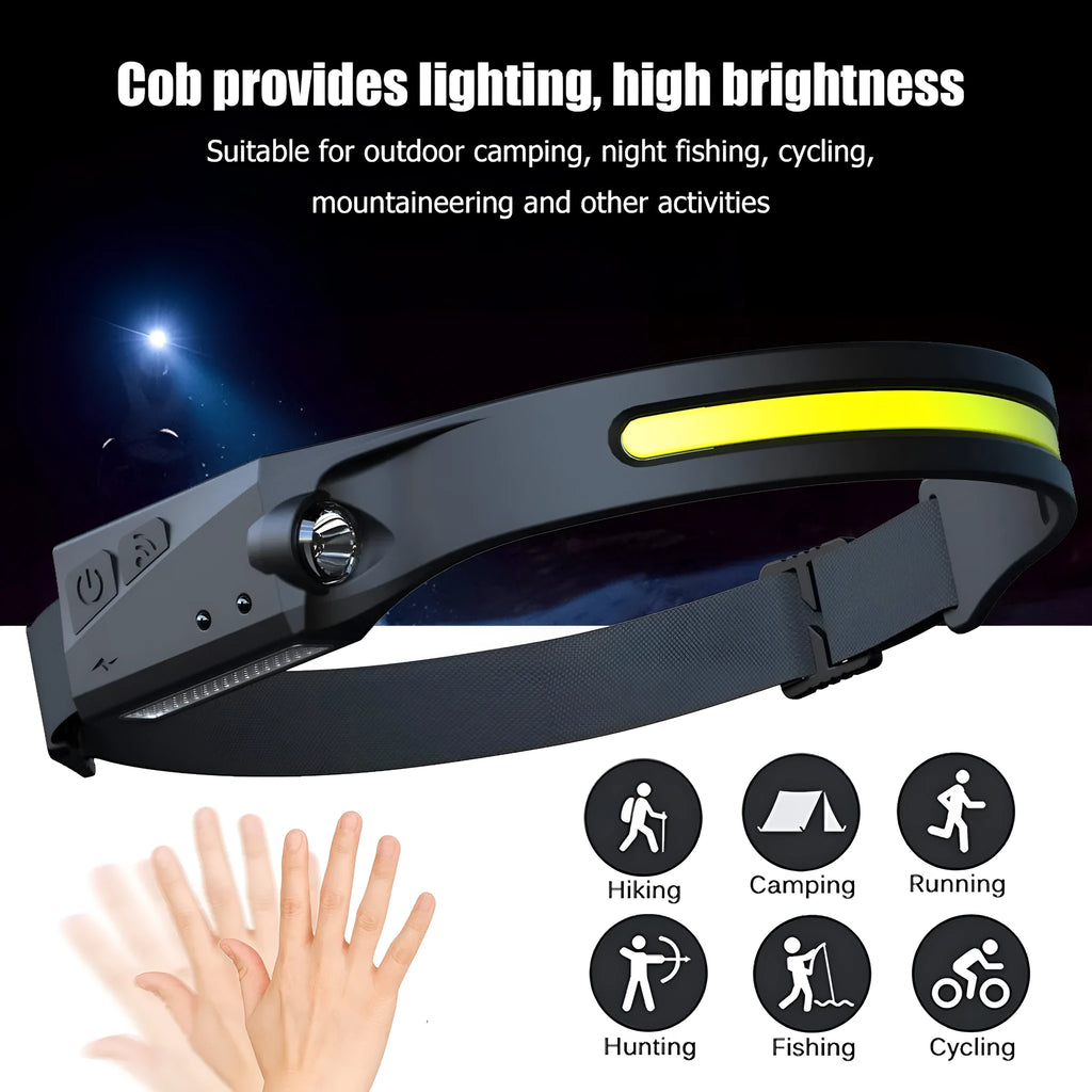 COB LED induction headlamp with silicone body, wide 230-degree beam, and separate long-distance side LED on a dark outdoor background