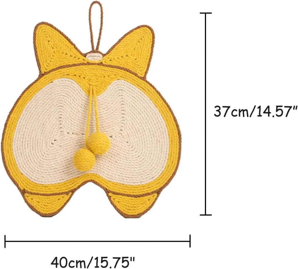 Yellow cat scratching board with a corgi butt design, made from natural sisal with an anti-slip base.