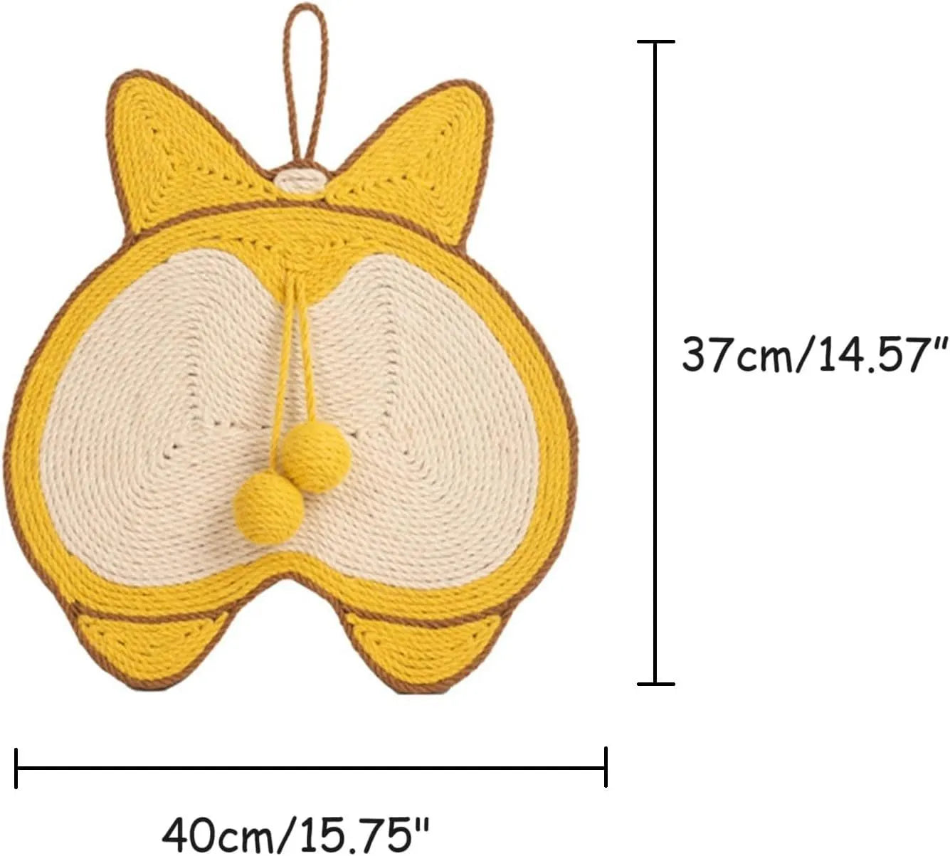 Yellow cat scratching board with a corgi butt design, made from natural sisal with an anti-slip base.