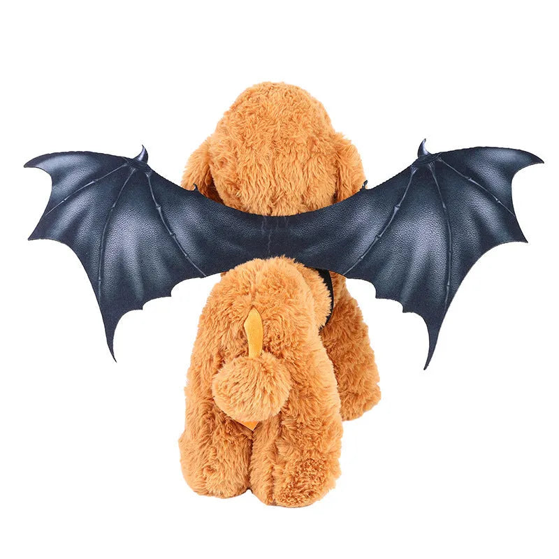 Black cloth Halloween bat wings for pets showing three size options: 64cm, 55cm, and 40cm wing spans