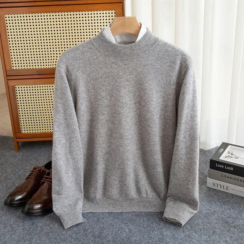 Men's loose fit half-turtleneck wool sweater in a rough yarn knit, shown in a range of colours.