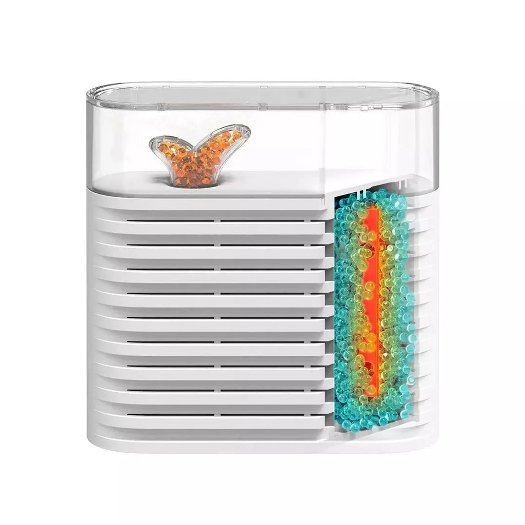 White recyclable cabinet dehumidifier box with transparent top showing orange silica gel beads