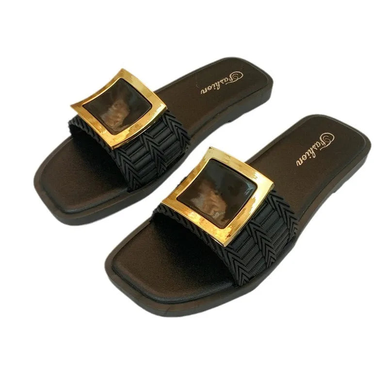 Women's casual flat slipper in apricot colour with a smooth PVC sole.