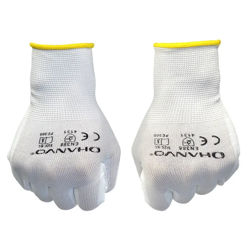 White PU coated work gloves showing flexible construction and polyurethane coating surface detail