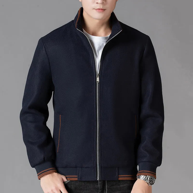 Men's gray polyester fleece autumn coat with long sleeves and side pockets on hanger
