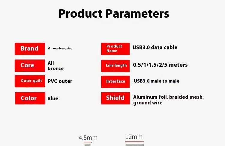 USB 3.0 data cable with nickel-plated connectors for external hard drives, shown in multiple available lengths.