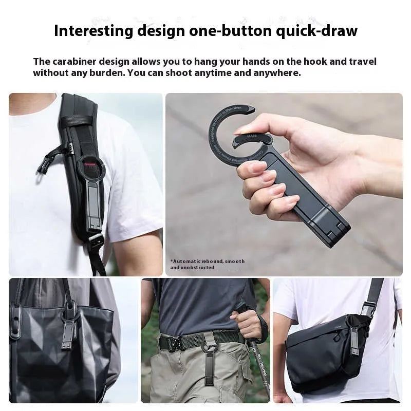 Portable photography climbing button carabiner mobile phone holder in black, aluminium alloy and silicone, compact storage 26x11.5x158mm