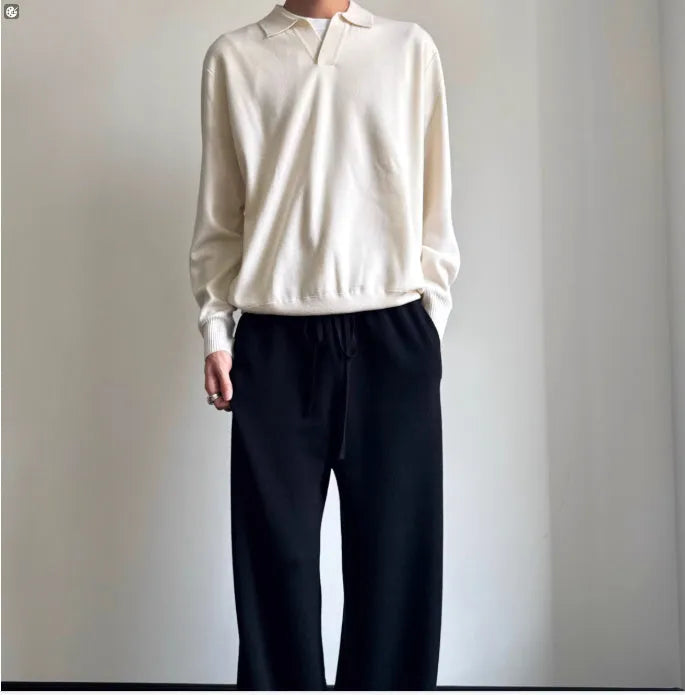 Men's pure wool polo sweater with lapel collar in milky white, loose fit casual knitwear