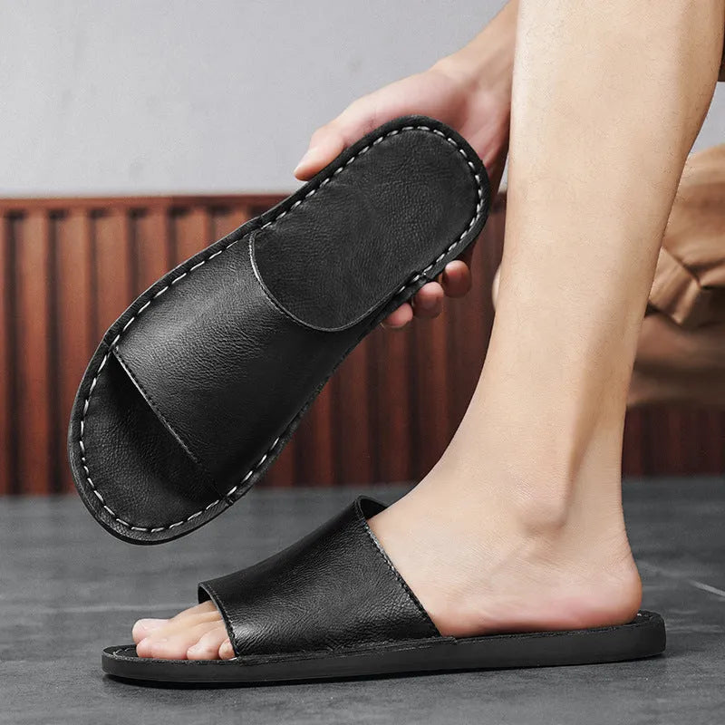 Men's brown and black leather sandals with rubber soles for casual outdoor wear