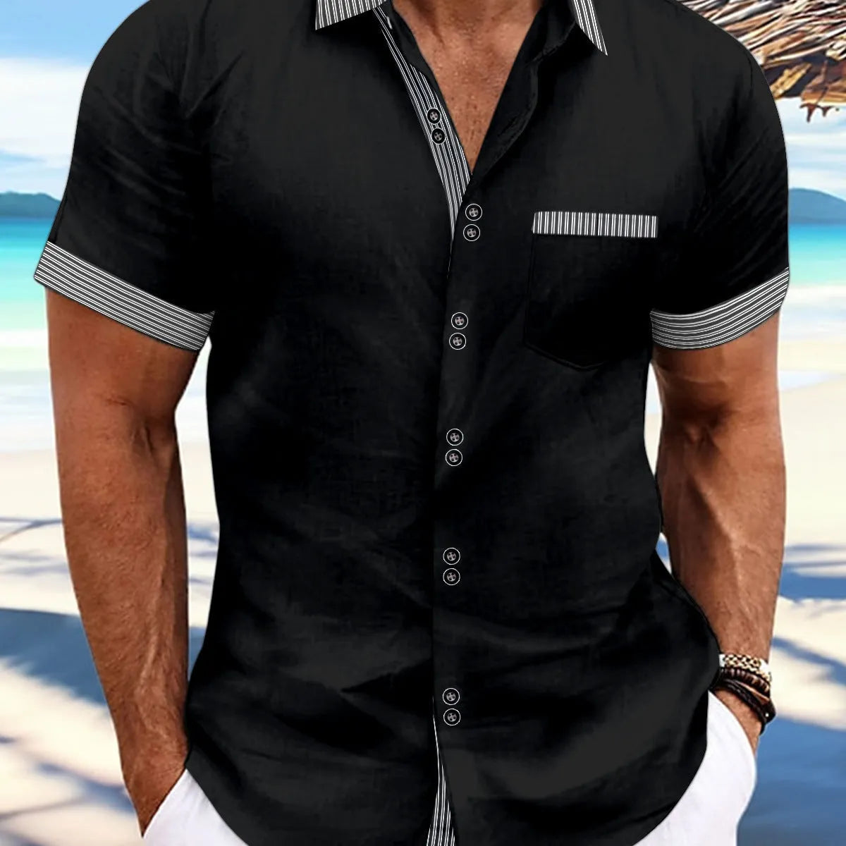 Slim fit striped short sleeve casual shirt in pure cotton fabric showing double button front