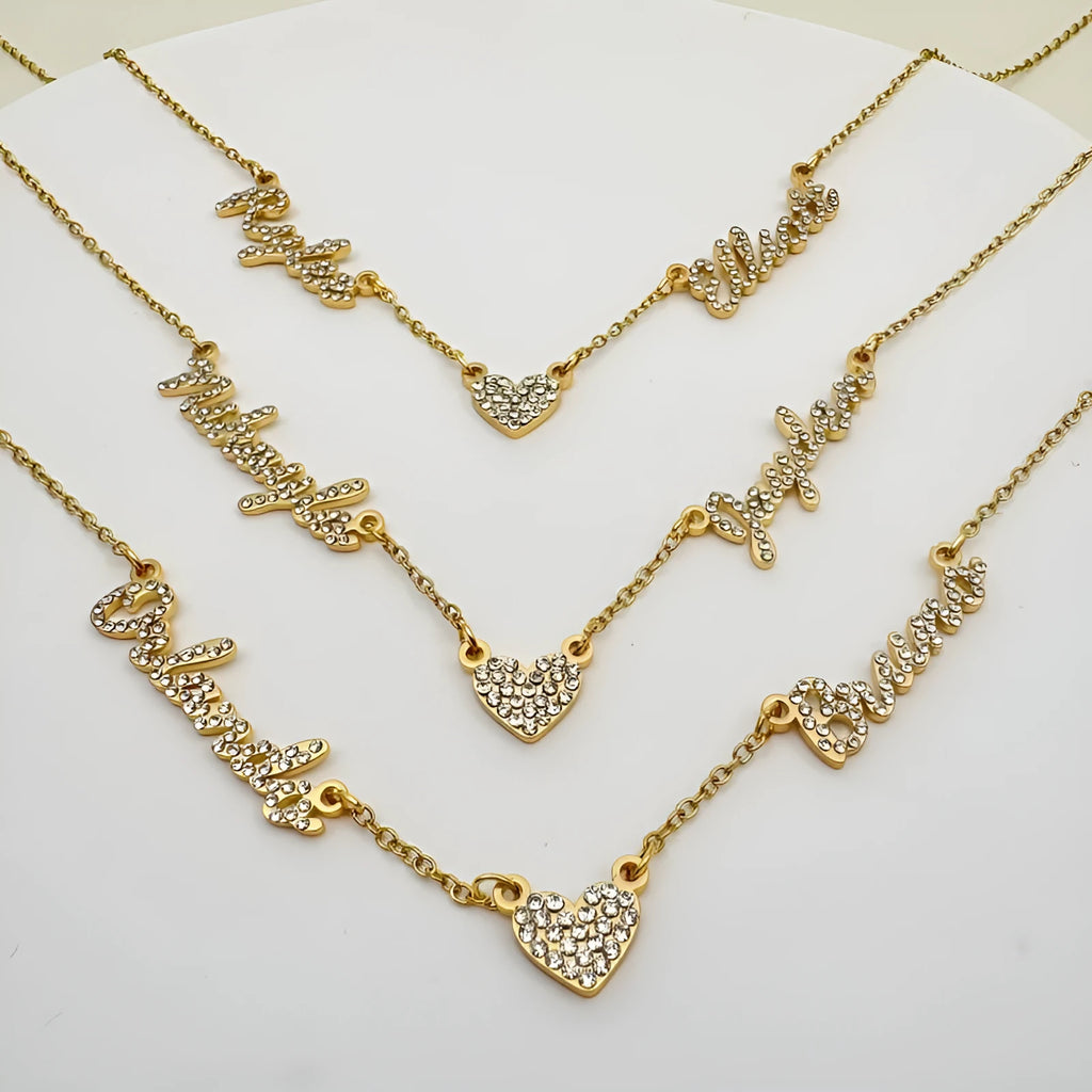 Customised diamond inlaid multi name necklace on stainless steel O-shaped chain, gold finish, with heart charms