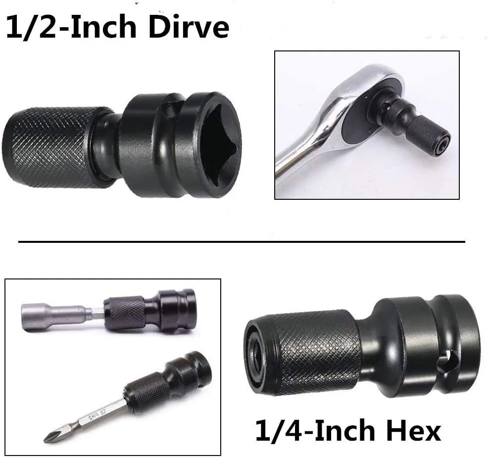 Square turn hexagonal handle telescopic bit holder scaling from 1/2 to 1/4 inch drive.