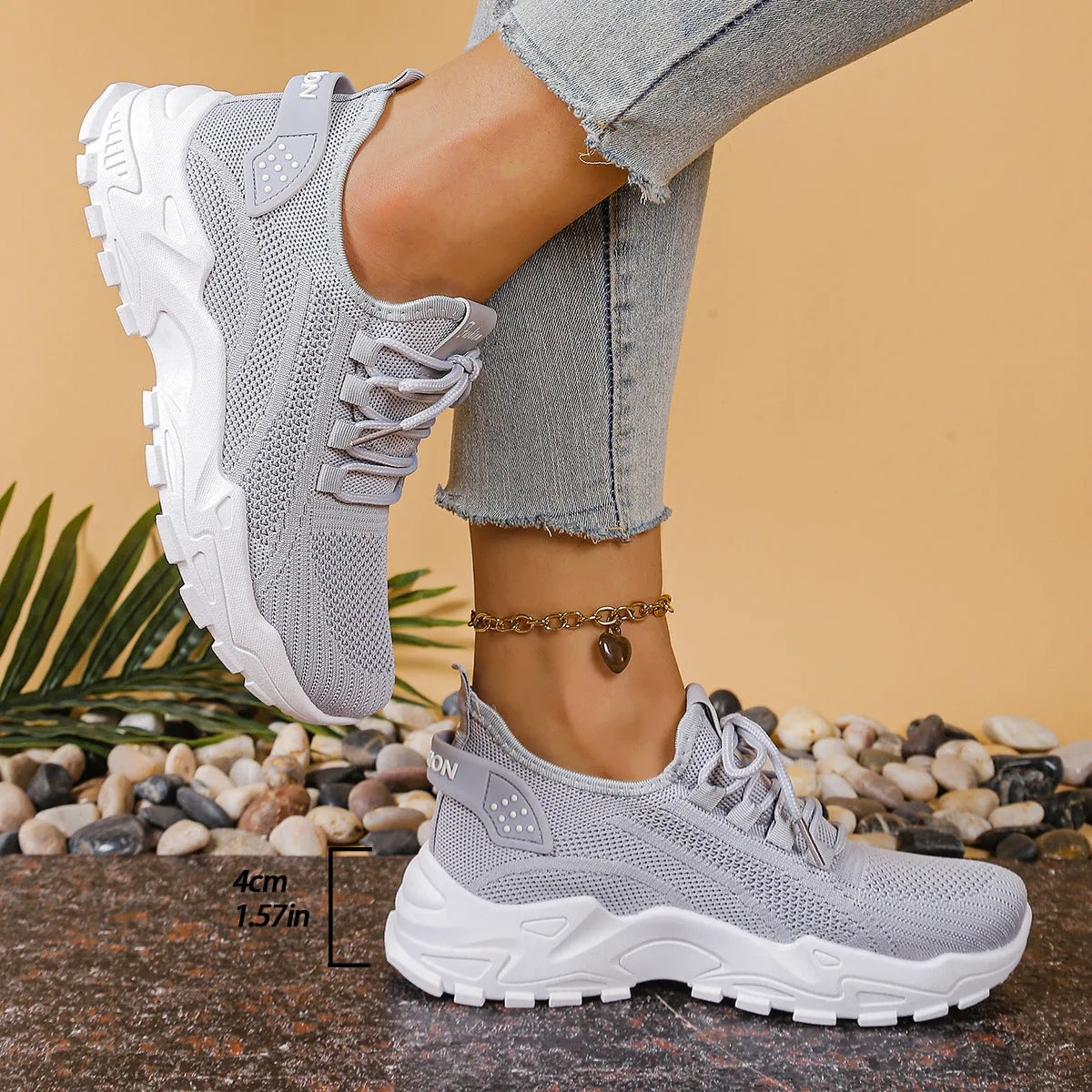 Women's low-top mesh platform sneakers in beige with front lace-up and round toe.