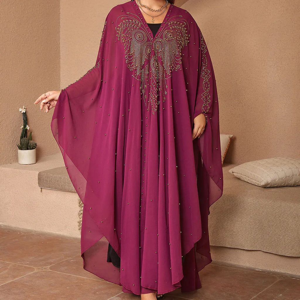 Purple rhinestone beaded chiffon Muslim shawl draped showing length and decorative bead detail
