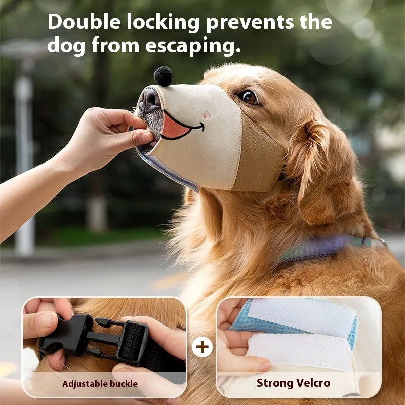 Canvas dog muzzle anti-bite mouth cover in Ollie Brown Bear and Bondi Blue Shark colours, shown in sizes S, M, L, XL.