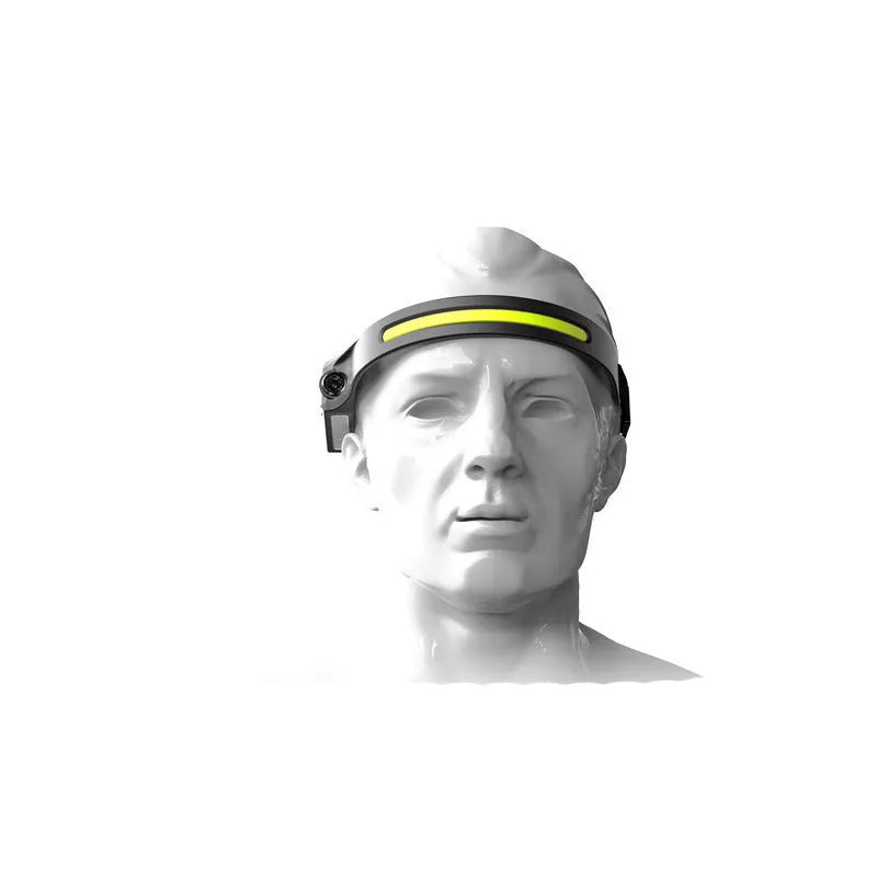 COB LED induction headlamp with silicone body, wide 230-degree beam, and separate long-distance side LED on a dark outdoor background