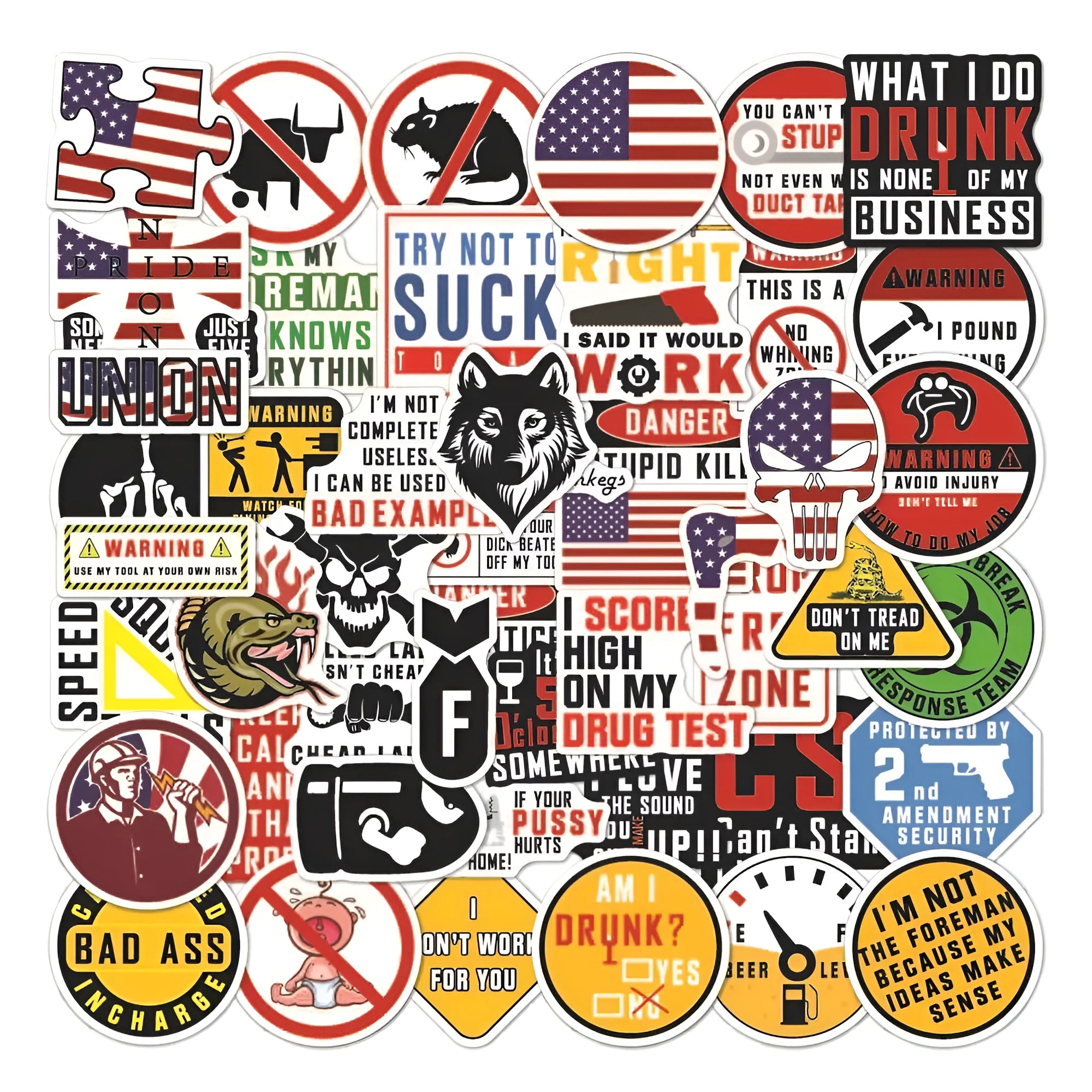 Pack of 50 bright PVC waterproof warning stickers for helmets and skateboards.