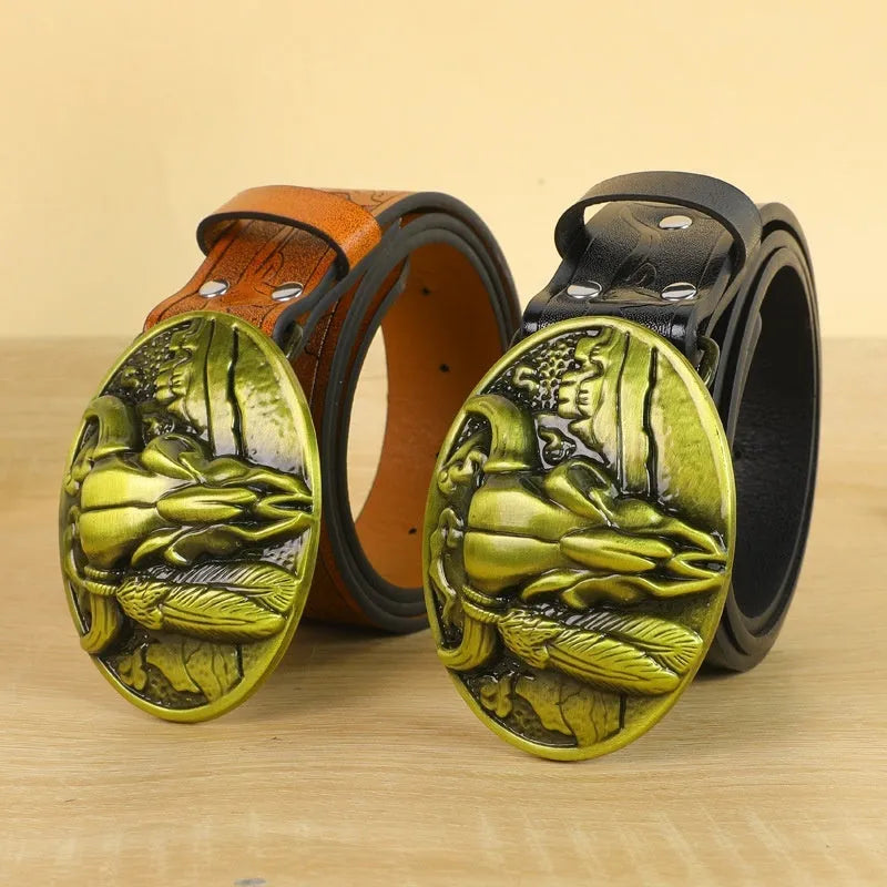 Men's brown imitation leather belt with decorative alloy cow head buckle and pin fastening