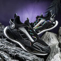 Men's low-top mesh sports shoes in black with an elastic band closure and a textured popcorn TPU sole.