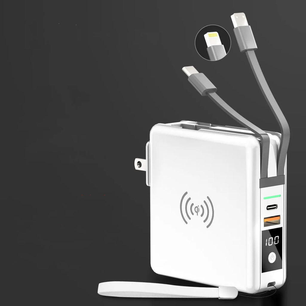 PD20W fast power bank with Super QI wireless charging and 4-in-1 international plug adapter in black colour