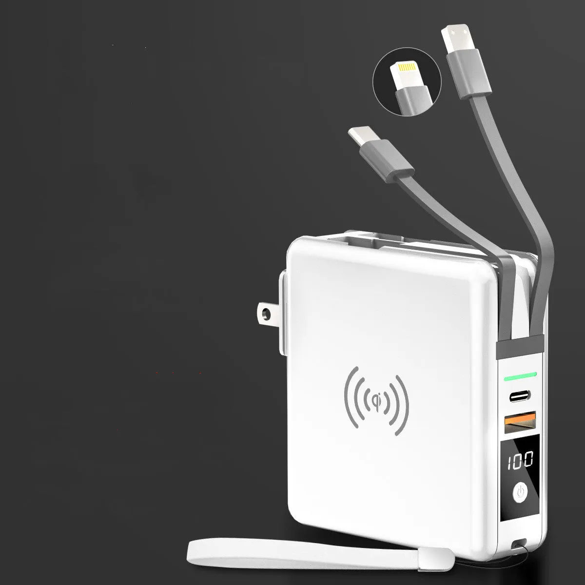 PD20W fast power bank with Super QI wireless charging and 4-in-1 international plug adapter in black colour