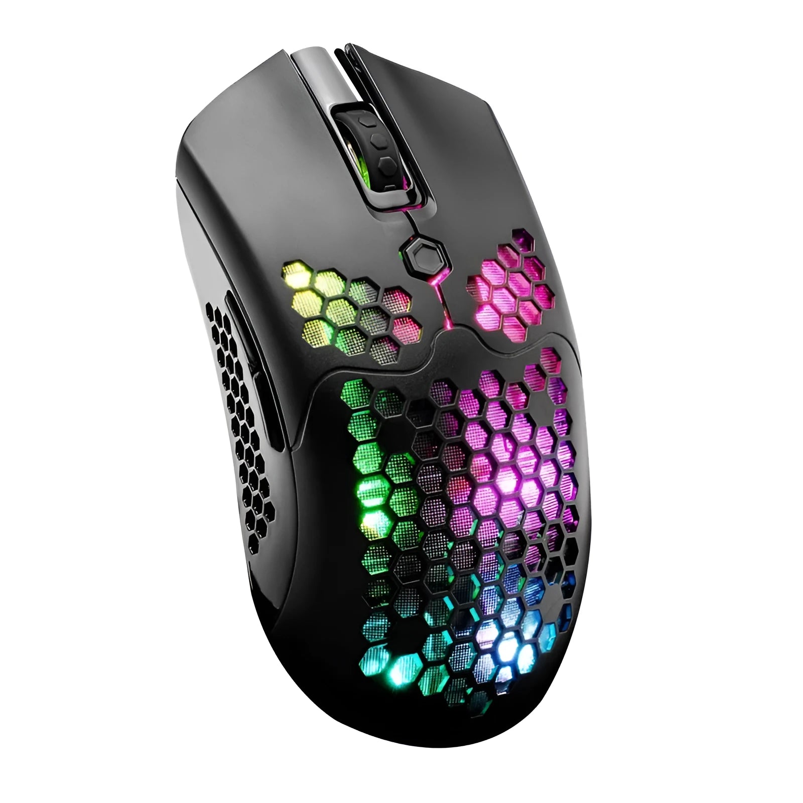 Free Wolf X2 wireless RGB gaming mouse with honeycomb shell in various colours on a desk.