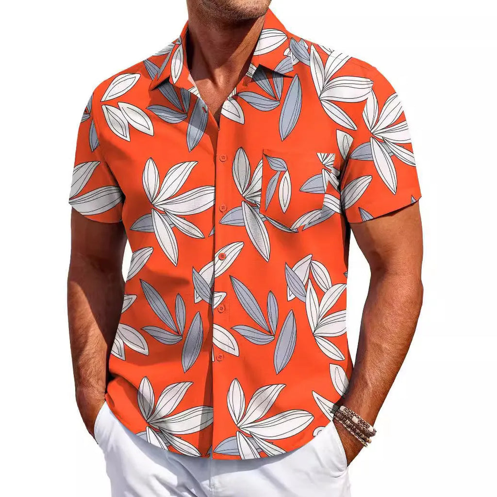 Men's slim fit cardigan style shirt with short sleeves in four-sided elastic polyester fabric